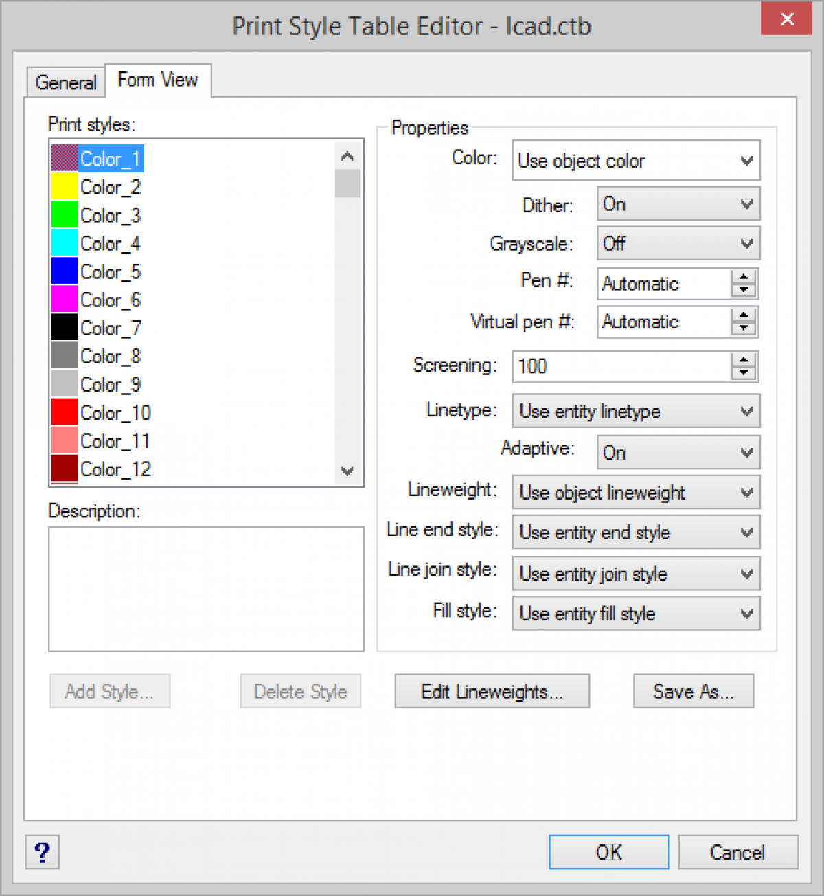 IntelliCAD - Editor de tabela de estilo de impressão 
